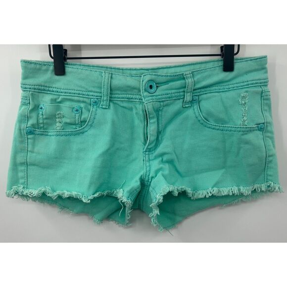 Dollhouse Pants - VTG Y2K Dollhouse Womens Jean Shorts Frayed Cut Offs Low Rise Stretch Green 9